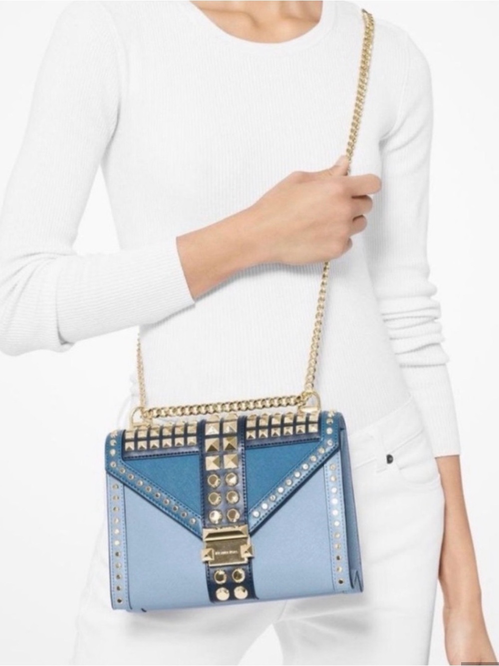 Michael Kors Blue & Gold Studded Shoulder Bag